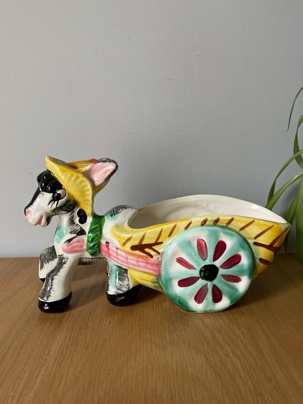 Vintage 1950s Ceramic Donkey Cart Planter Kitschy MCM 9”